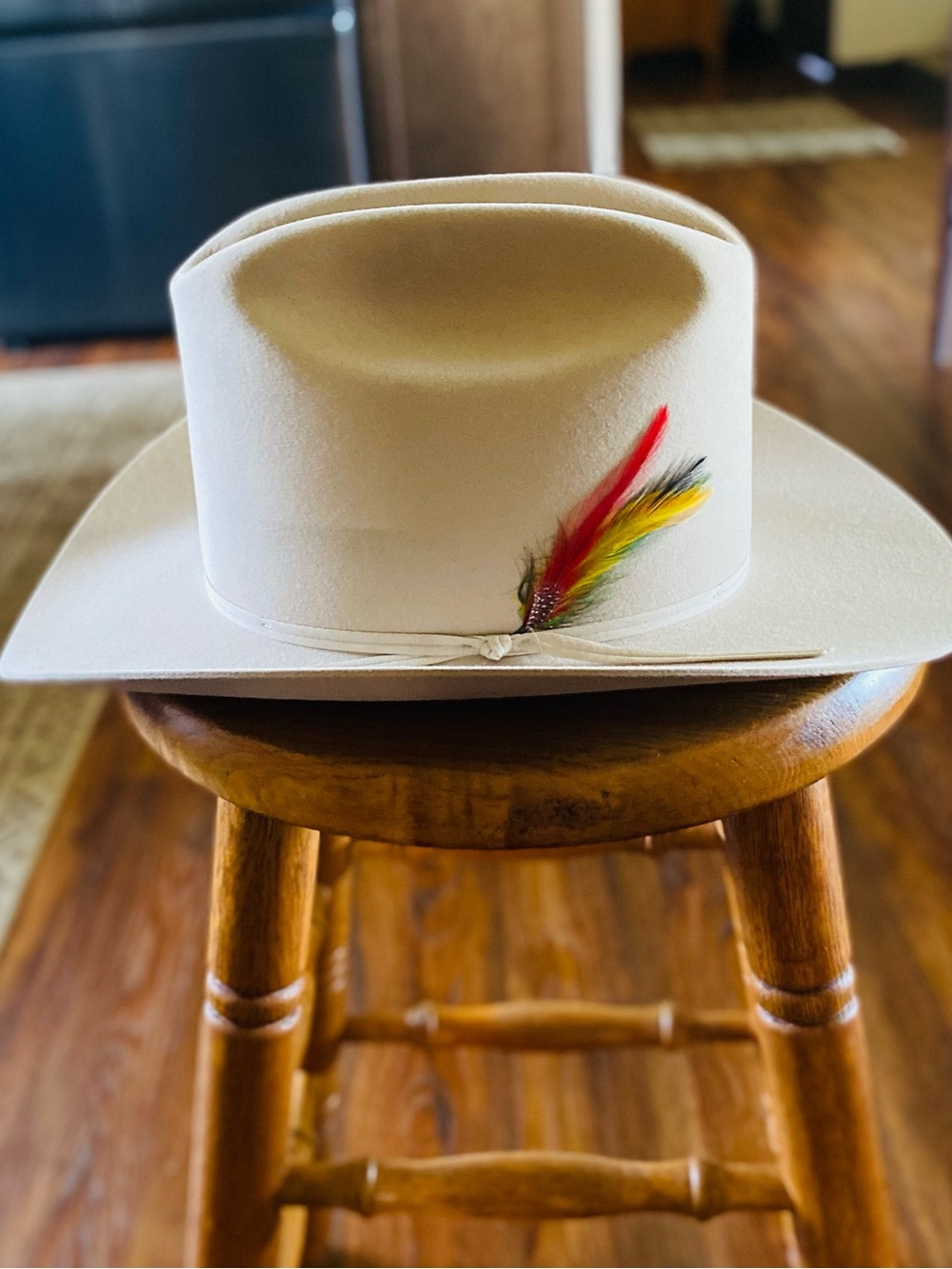 Stetson 4 X Beaver Cream Western Hat with Red Yellow Black Feather